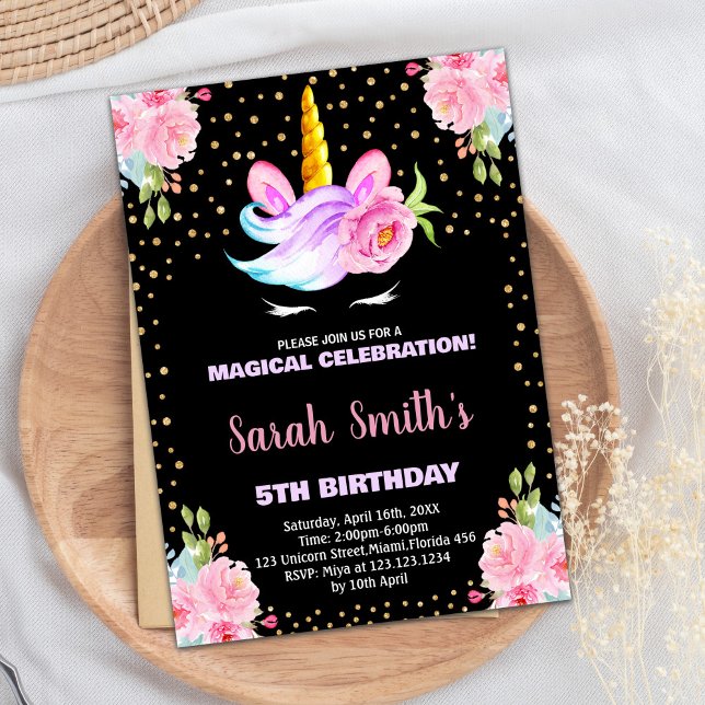 Convites de Aniversário do Rainbow Pink Black Unic (Rainbow Pink Black Unicorn Birthday Invitations)