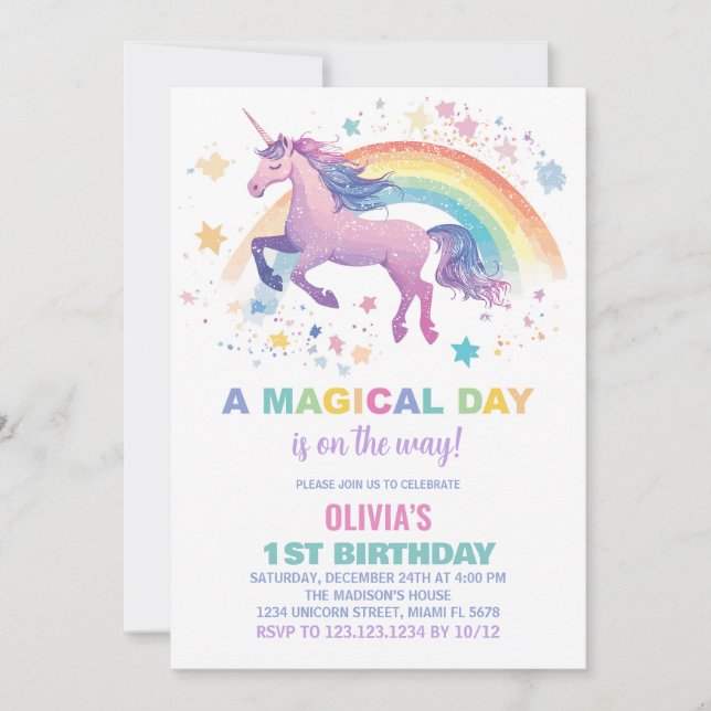Convites de Aniversário do Rainbow Star Unicorn (Frente)