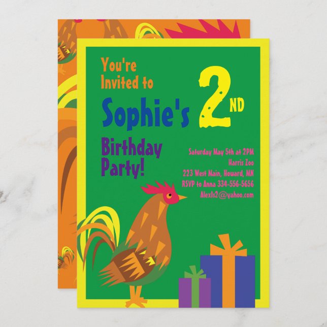 Convites de aniversário do Rooster Animal Kid (Frente/Verso)