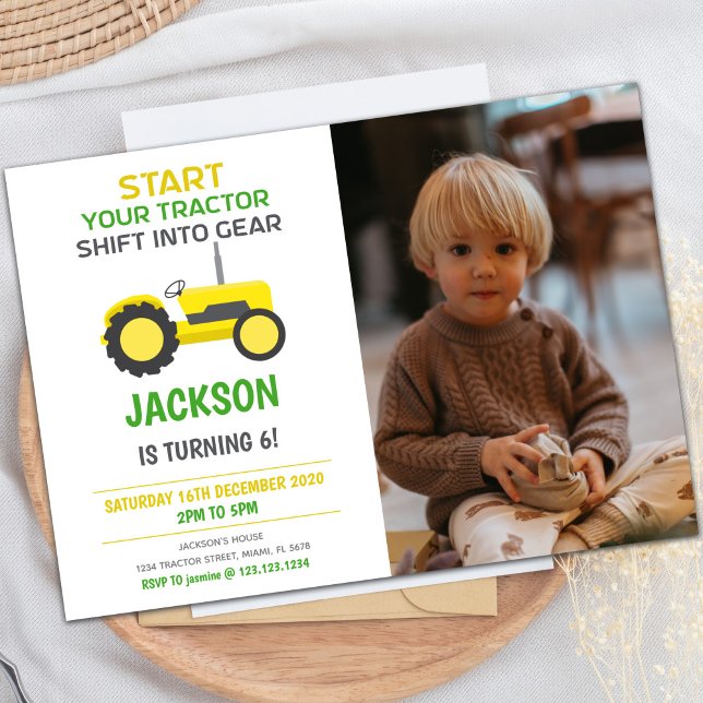 Convites de Aniversário do Trator Branco e Amarelo (White Yellow Tractor Birthday Invitations w photo)