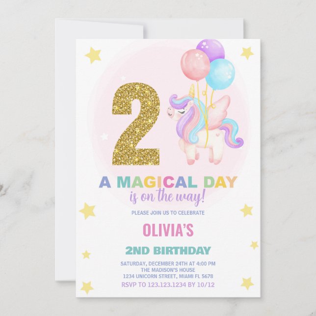 Convites de Aniversário do Unicorn do segundo aniv (Frente)