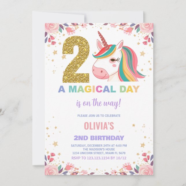 Convites de Aniversário do Unicorn do segundo aniv (Frente)