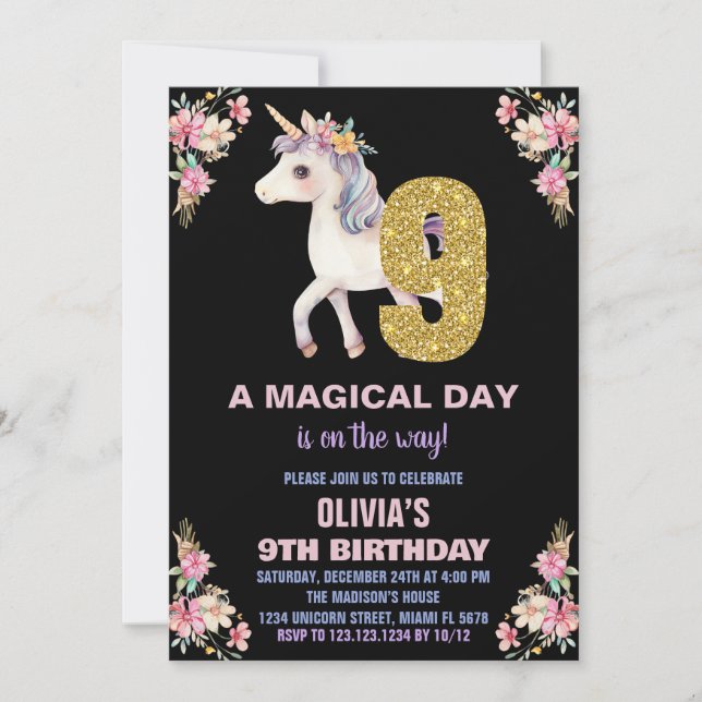 Convites de Aniversário do Unicorn Floral (Frente)