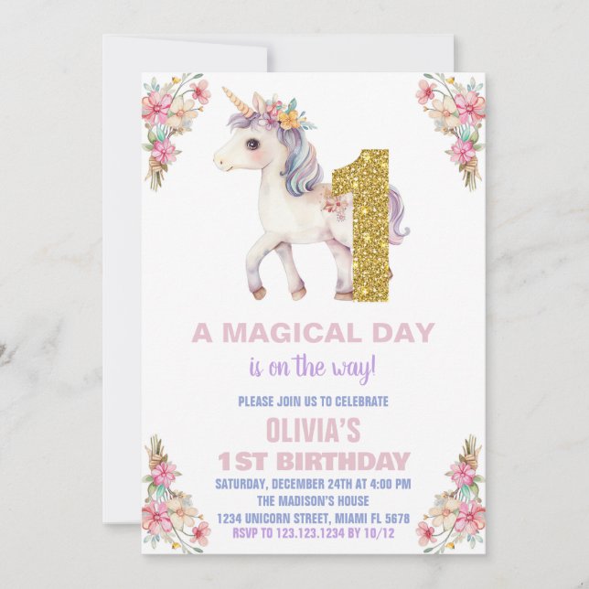 Convites de Aniversário do Unicorn Floral (Frente)