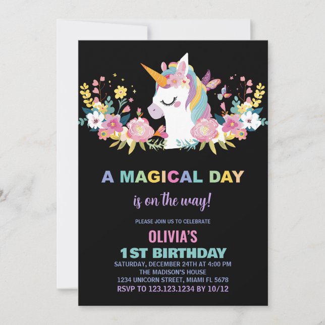Convites de Aniversário do Unicorn Floral (Frente)