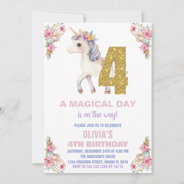 Convites de Aniversário do Unicorn Floral (Frente)