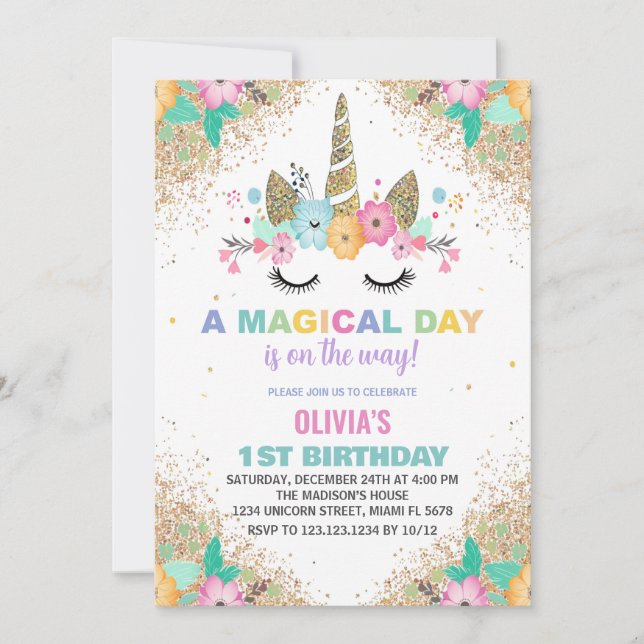 Convites de Aniversário do Unicorn Glitter (Frente)