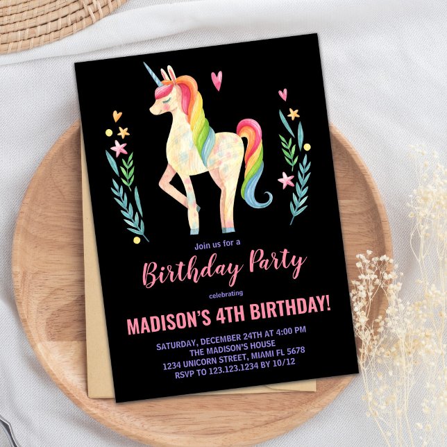 Convites de Aniversário do Unicórnio Preto Rosa (Pink Black Unicorn Birthday Invitations)