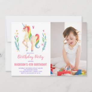 Convites de Aniversário do Unicórnio Rosa com Foto
