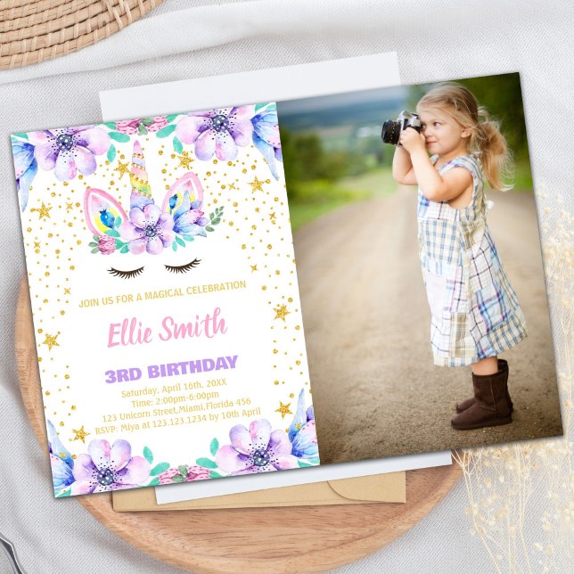 Convites de Aniversário do Unicórnio Roxo Floral (Floral Purple Unicorn Birthday Invitations w photo)