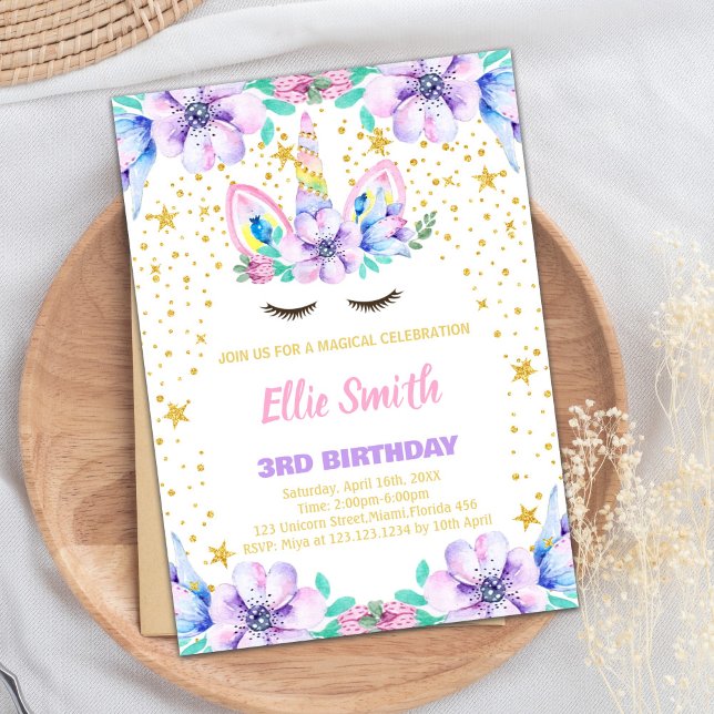 Convites de Aniversário do Unicórnio Roxo Floral (Floral Purple Unicorn Birthday Invitations)