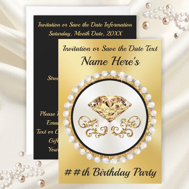 Convites de Aniversário Dourados e Pretos, QUALQUE (50 year birthday invitations. Gold and black birthday invitations. Diamonds and pearls invitations.)