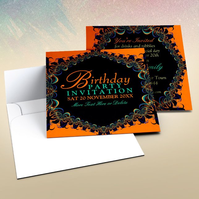 Convites de Aniversário em Renda Batik Fractal (Fractal Batik Lace Birthday Party Invitations - Front and Back view)