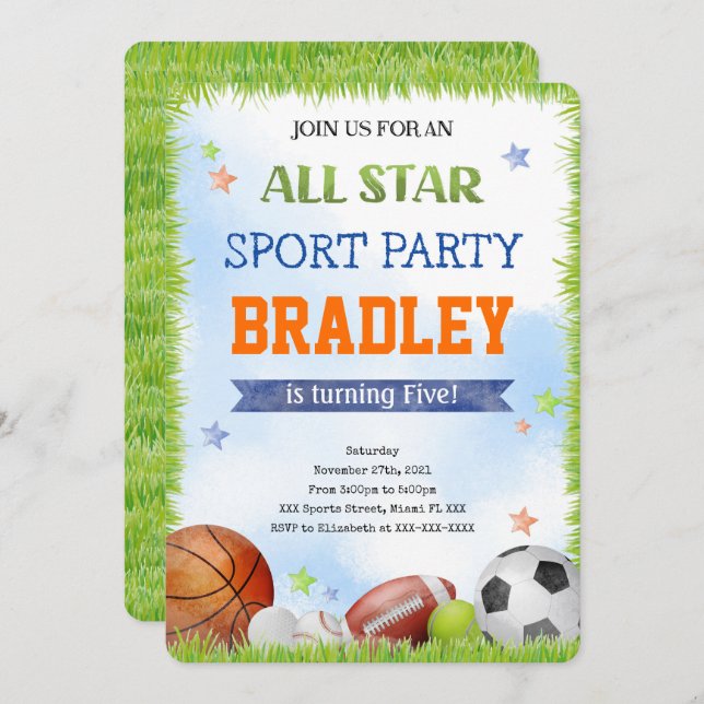 Convites de Aniversário Esportivos (Frente/Verso)