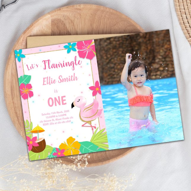 Convites de Aniversário Flamingo Rosa com Foto (Pink Flamingo Birthday Invitations with photo)