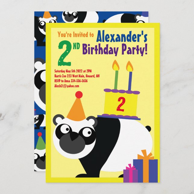 Convites de Aniversário Infantil do Animal Panda (Frente/Verso)