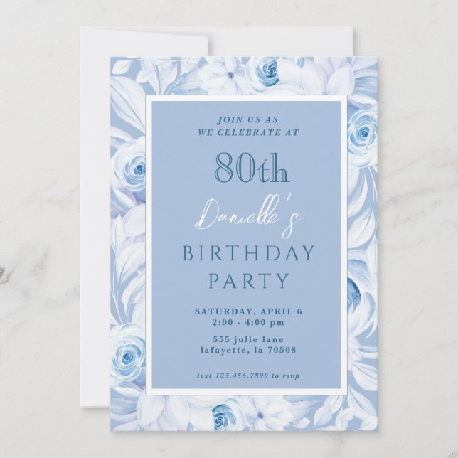 Convites de Aniversário para 80 Floral Azul Elegan (Frente)
