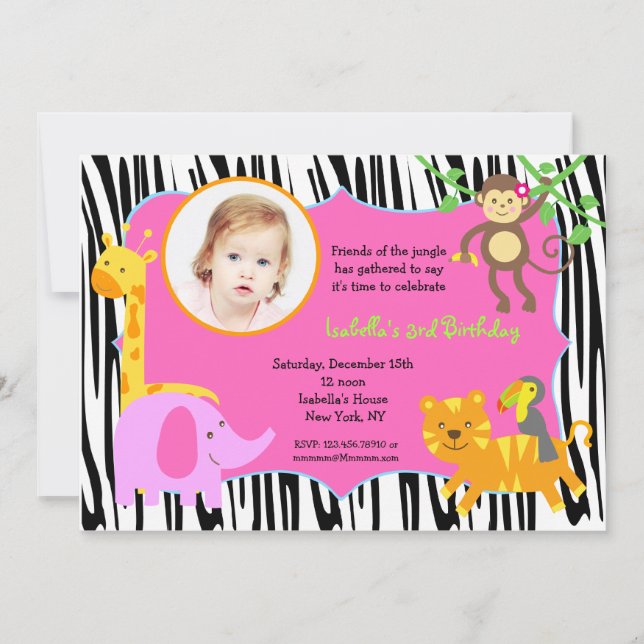 Convites de Aniversário para a Selva de Zebra (Frente)