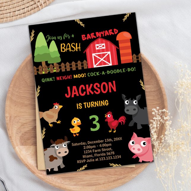 Convites de Aniversário para Animais da Fazenda Ve (Black Red Farm Animals Birthday Invitations)