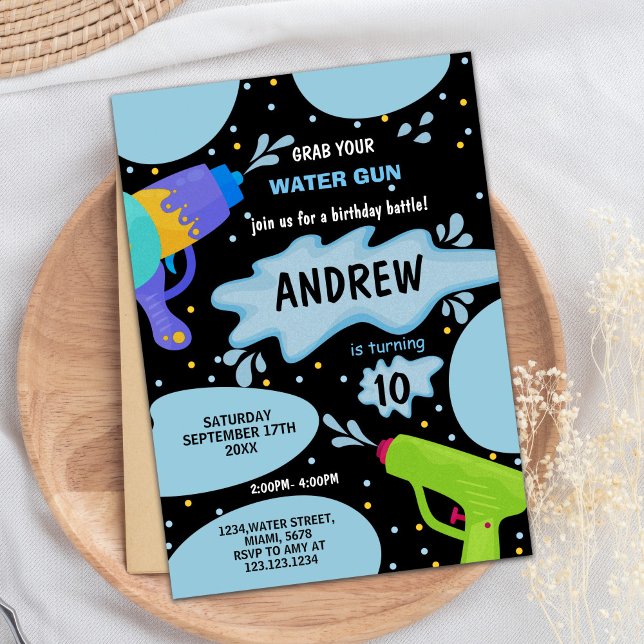 Convites de Aniversário para Arma Verde Azul Preta (Black Blue Green Water Gun Birthday Invitations)