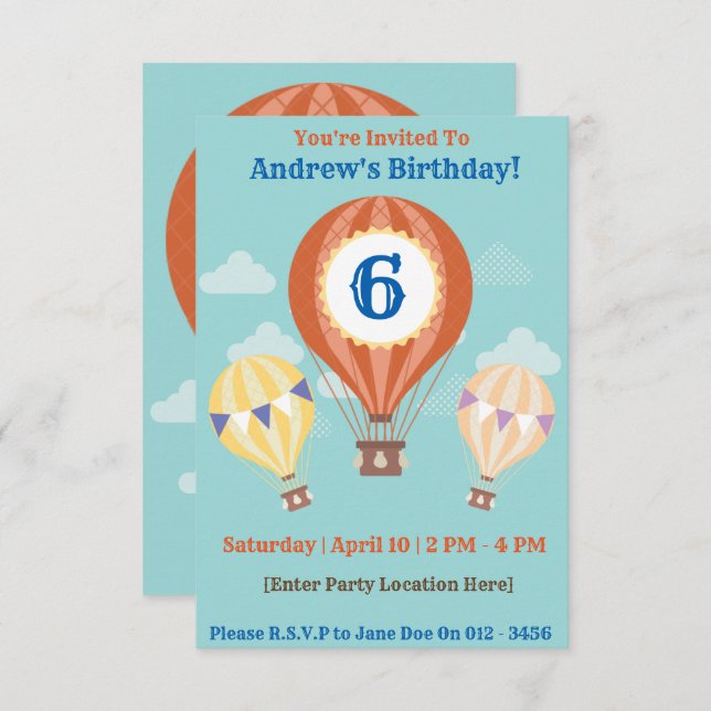 Convites de Aniversário para Balões de Ar Quente (Frente/Verso)