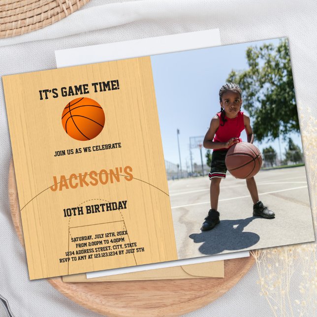 Convites de Aniversário para Basquete Castanho com (Brown Basketball Birthday Invitations with photo)