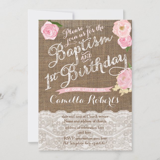 convites de aniversário para batismo, batismo rosa (Frente)