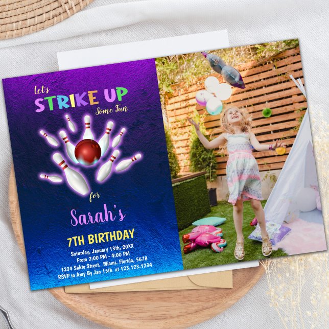 Convites de Aniversário para Boliches Roxas (Purple Bowling Birthday Invitations with photo)