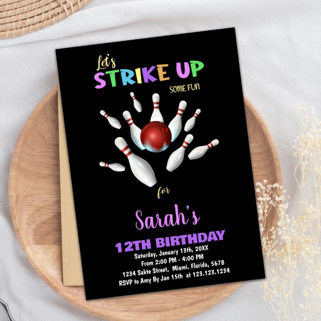 Convites de Aniversário para Boliches Roxas Negra (Black Purple Bowling Birthday Invitations)