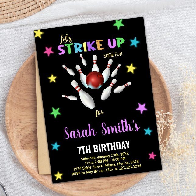 Convites de aniversário para Boliches Roxas Pretas (Black Light Purple Bowling Birthday Invitations)