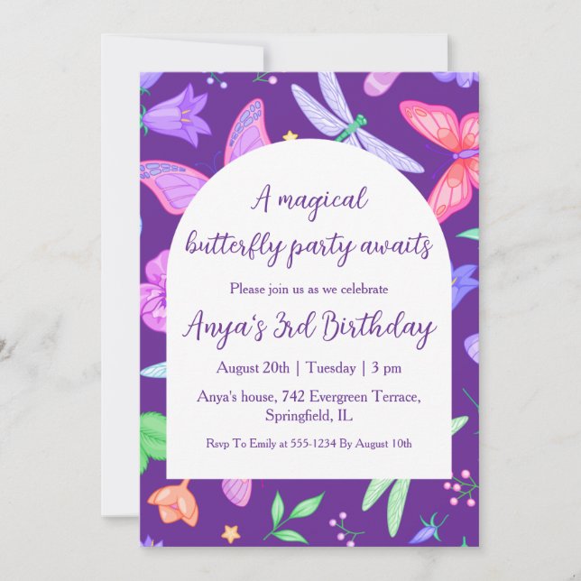 Convites de aniversário para borboletas roxas (Frente)