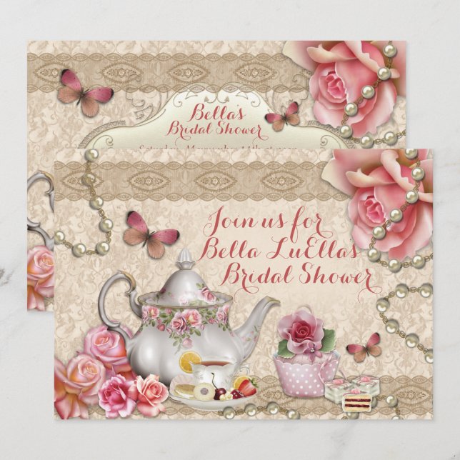 Convites de Aniversário para Chá do Tea Party (Frente/Verso)