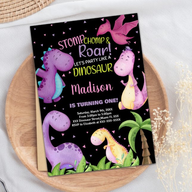 Convites de Aniversário para Dinossauros Pretos Pú (Pink Purple Black Dinosaur Birthday Invitations)