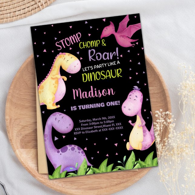 Convites de Aniversário para Dinossauros Pretos Ro (Purple Black Dinosaur Birthday Invitations)