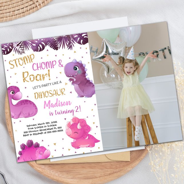 Convites de Aniversário para Dinossauros Rosa e Pú (Pink Purple Dinosaur Birthday Invitations w photo)