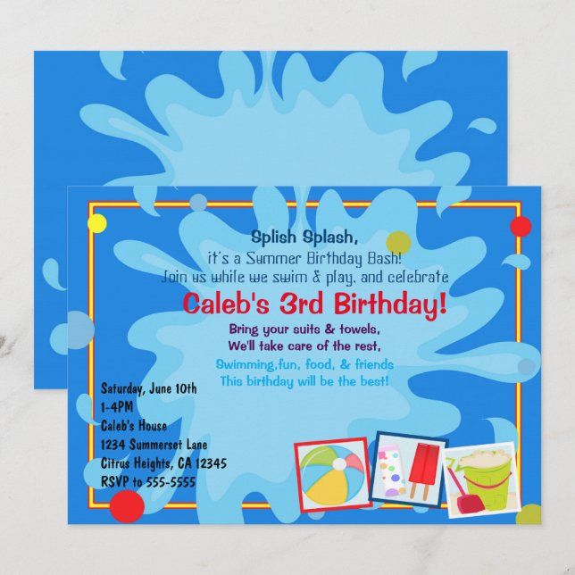 Convites de Aniversário para Festa de Piscina Summ (Frente/Verso)