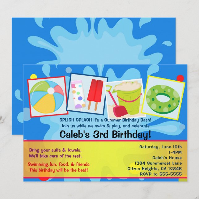 Convites de Aniversário para Festa de Piscina Summ (Frente/Verso)
