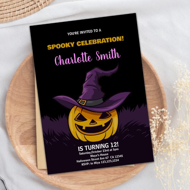 Convites de Aniversário para o Dia das Bruxas Pret (Purple Spooky Black Halloween Birthday Invitations)