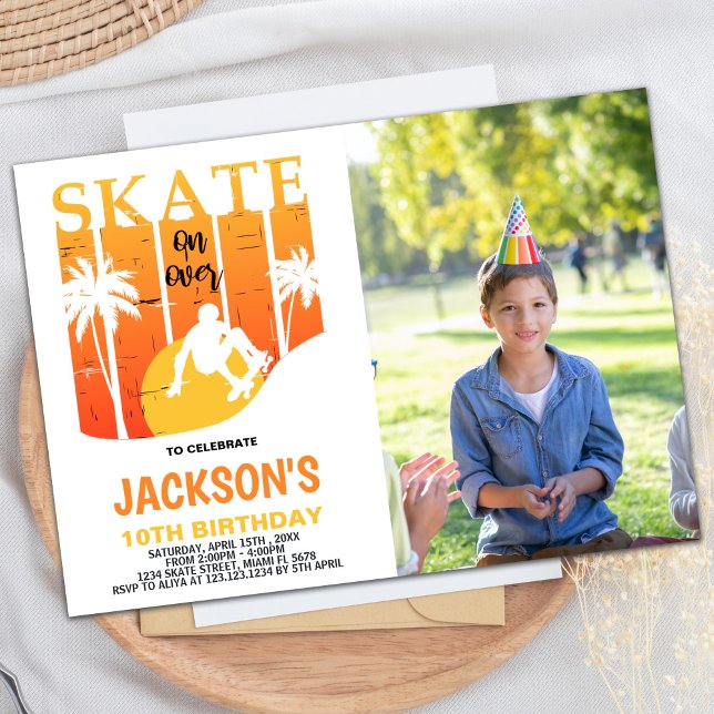 Convites de Aniversário para o skate White Orange  (White Orange Photo Skateboard Birthday Invitations)