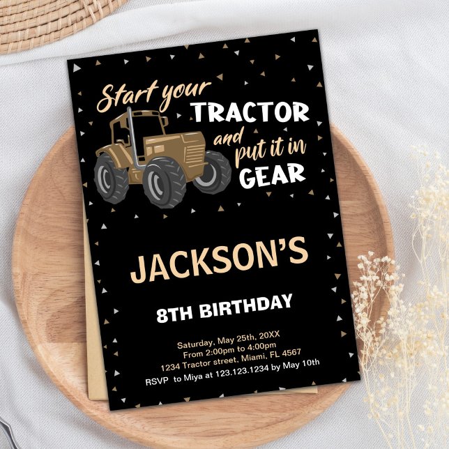 Convites de Aniversário para o Trator Preto Castan (Black Brown Tractor Birthday Invitations)