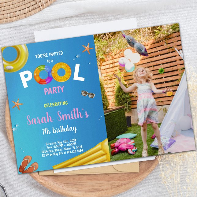 Convites de aniversário para Piscina Azul Amarelo  (Yellow Blue Pool Birthday Invitations with photo)