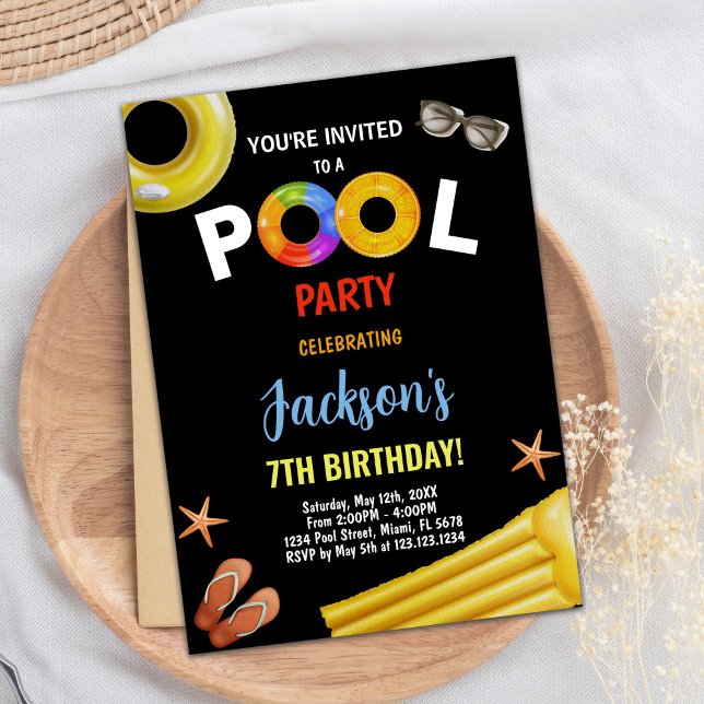 Convites de Aniversário para Piscina Azul Preto (Black Yellow Blue Pool Birthday Invitations)