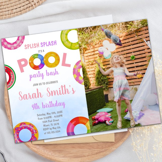 Convites de Aniversário para Piscina Púrpura Rosa  (Pink Purple Pool Birthday Invitations with photo)