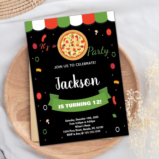 Convites de Aniversário para Pizza Vermelha Negra (Black Red Pizza Birthday Invitations)