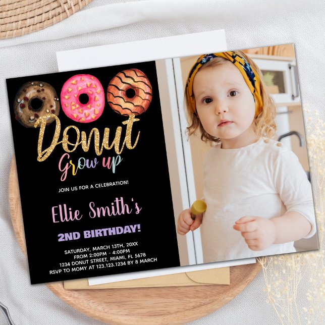 Convites de Aniversário para Rosquinha de Fotograf (Black 3 Photo Donut Birthday Invitations)