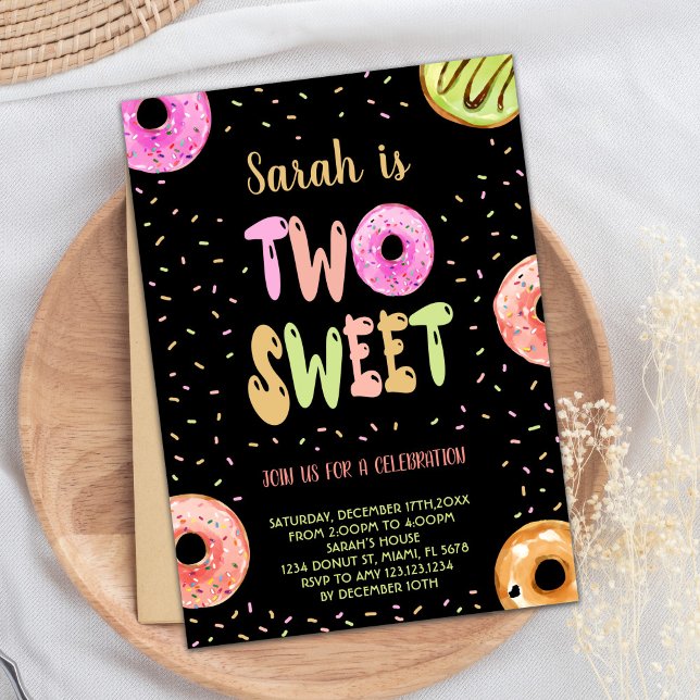 Convites de Aniversário para Rosquinha de Pastel N (Black Two Sweet Pastel Donut Birthday Invitations)