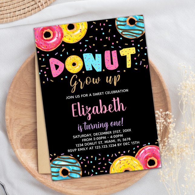 Convites de Aniversário para Rosquinhas Verde Cor- (Black Yellow Pink Green Donut Birthday Invitations)