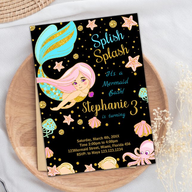 Convites de Aniversário para Sereia Negra (Glitter Black Mermaid Birthday Invitations)