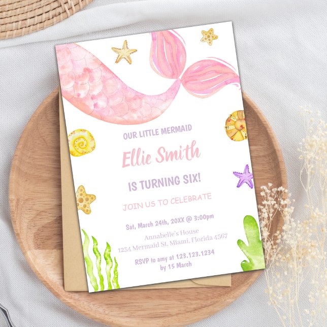 Convites de Aniversário para Sereia Rosa (Pink Tail Mermaid Birthday Invitations)