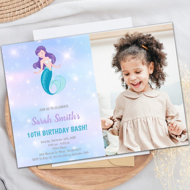 Convites de Aniversário para Sereia Roxa (Purple shine Mermaid Birthday Invitations w Photo)